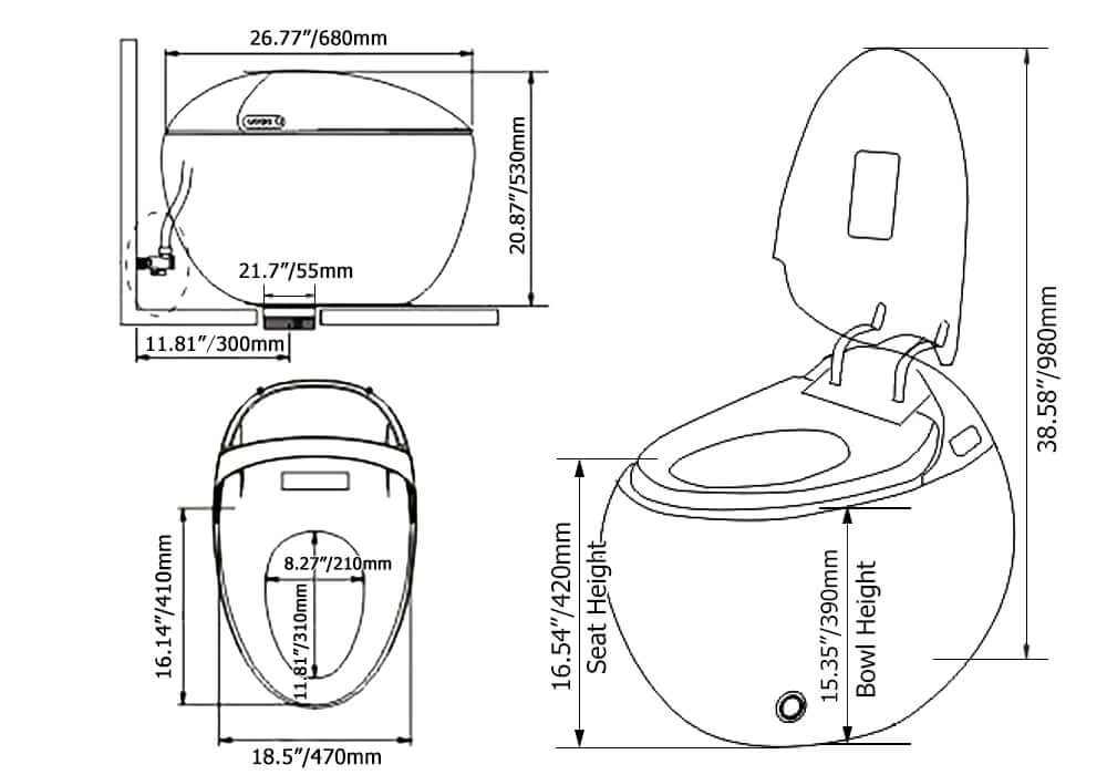 Smart Elongated Bidet Toilet with Adjustable Heated Seat and Auto Flush Dimensions