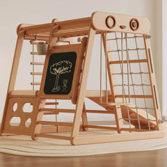 Solid Hardwood Climber with Rope Net, Slide & Chalkboard for Toddlers