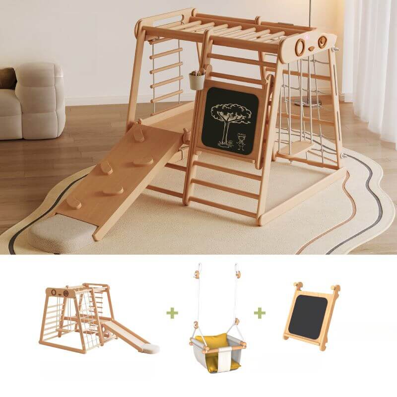 Solid Hardwood Climber with Rope Net, Slide & Chalkboard for Toddlers