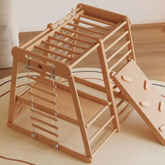 Solid Hardwood Climber with Rope Net, Slide & Chalkboard for Toddlers