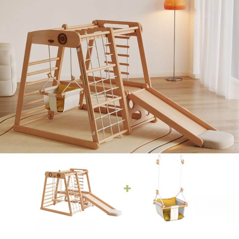 Solid Hardwood Climber with Rope Net, Slide & Chalkboard for Toddlers
