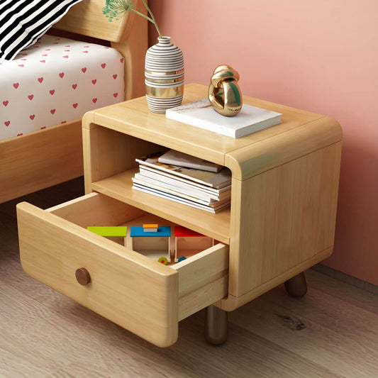 Solid Wood Kids Nightstand with Drawer and Open Shelf – Natural Finish