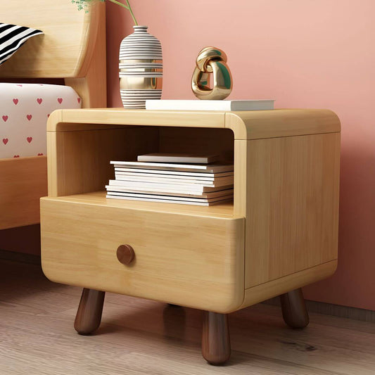Solid Wood Kids Nightstand with Drawer and Open Shelf – Natural Finish Main Product Image