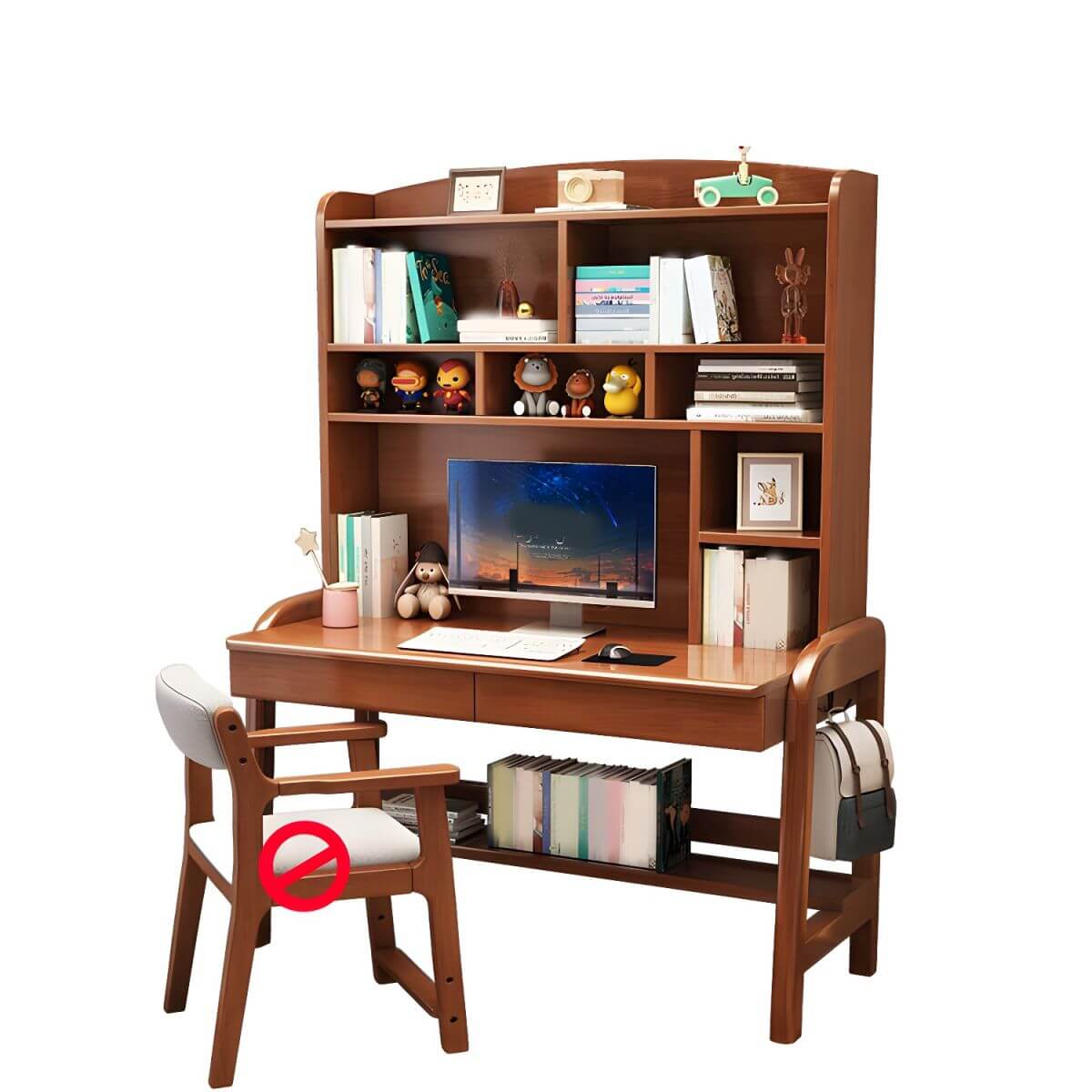 Solid Wood Kids Writing Desk with Hutch and 2 Drawers