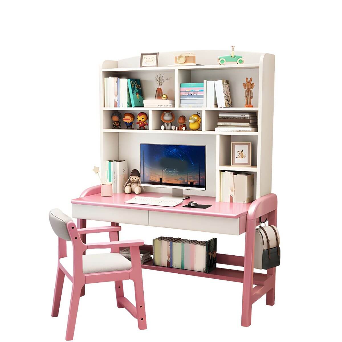 Solid Wood Kids Writing Desk with Hutch and 2 Drawers