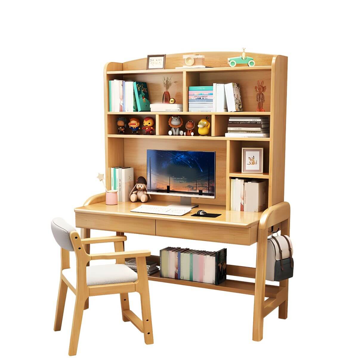 Solid Wood Kids Writing Desk with Hutch and 2 Drawers