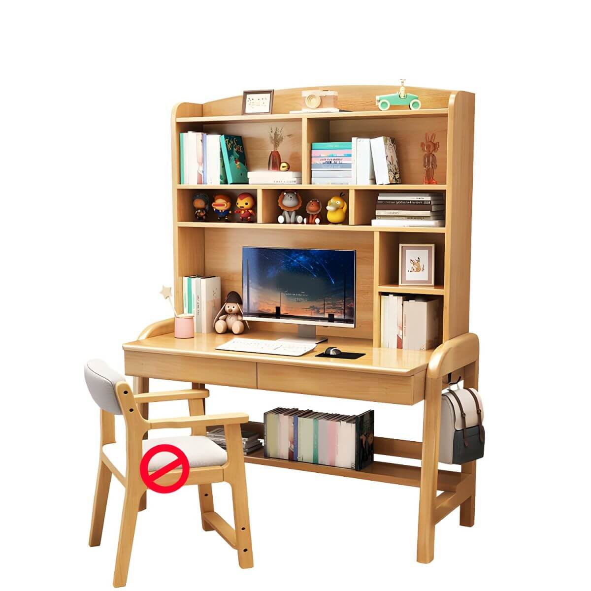 Solid Wood Kids Writing Desk with Hutch and 2 Drawers