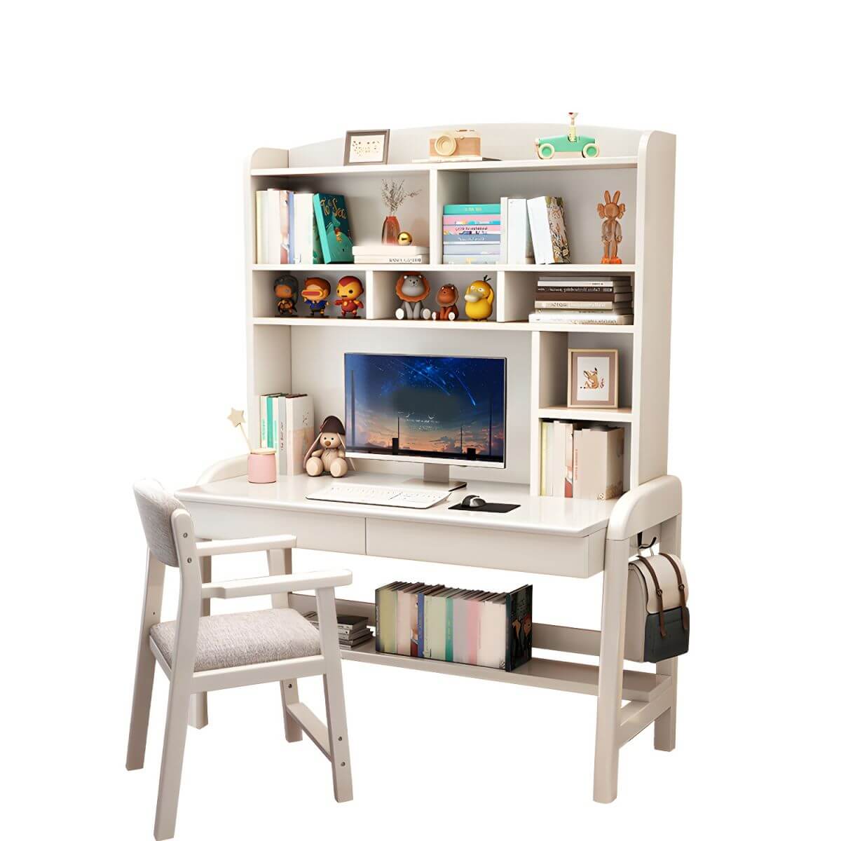 Solid Wood Kids Writing Desk with Hutch and 2 Drawers