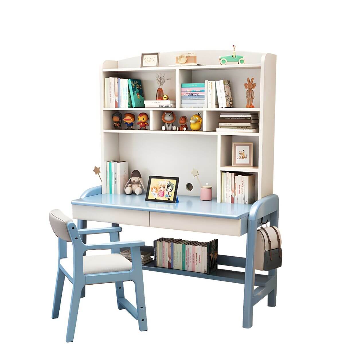 Solid Wood Kids Writing Desk with Hutch and 2 Drawers