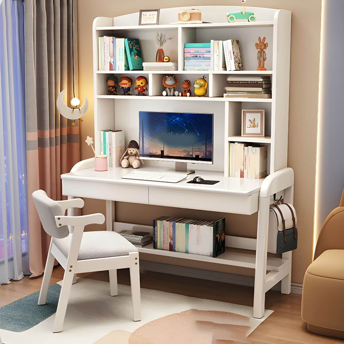 Solid Wood Kids Writing Desk with Hutch and 2 Drawers