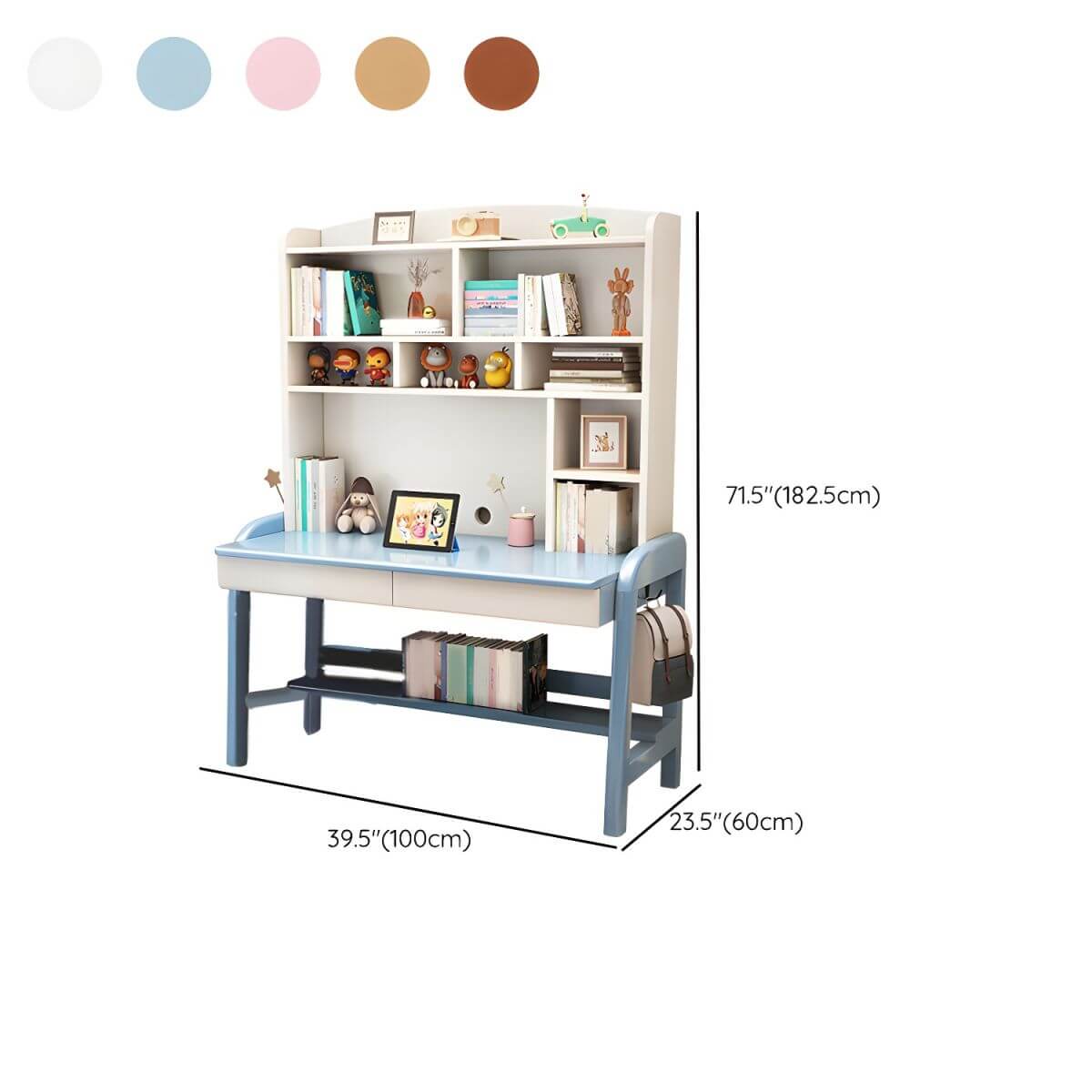 Solid Wood Kids Writing Desk with Hutch and 2 Drawers Dimensions