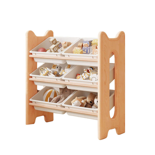 Solid Wood Toy Storage Rack with White PP Drawers and Arc-Frame Design
