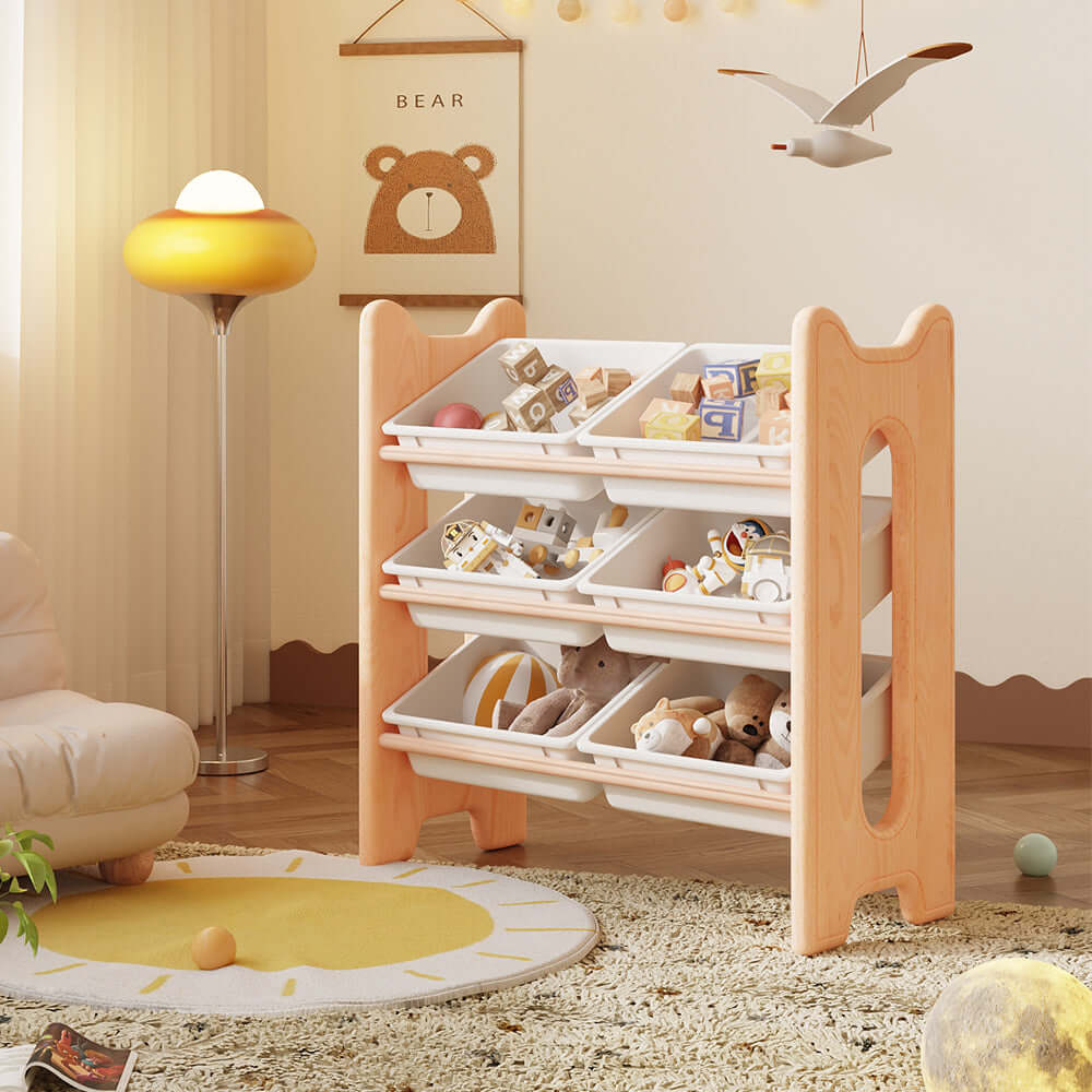 Retail Toy Racks Solid Wood Toy Storage Rack with White PP Drawers and Arc-Frame Design ...