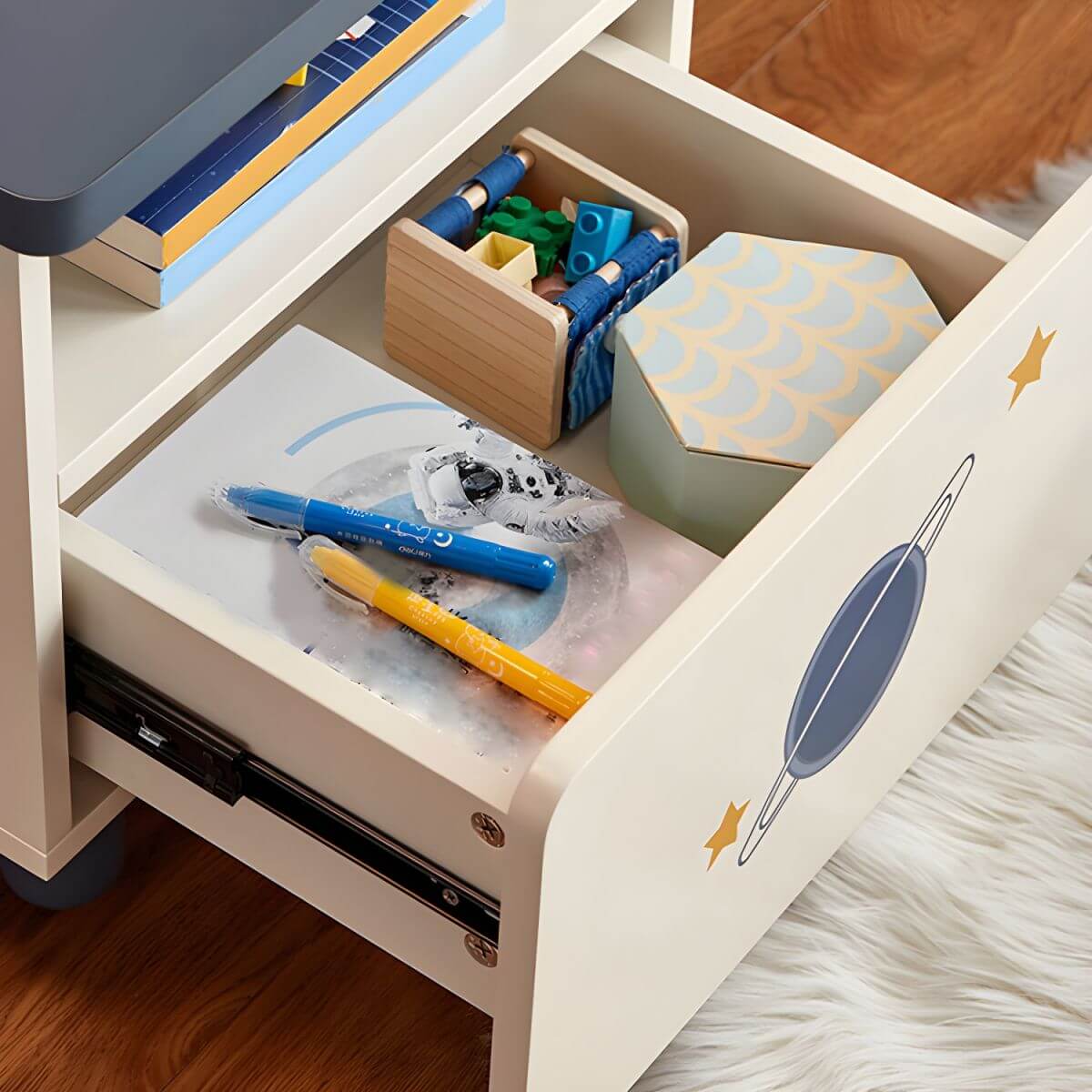 Space-Themed Kid's Nightstand with Drawer and Open Storage