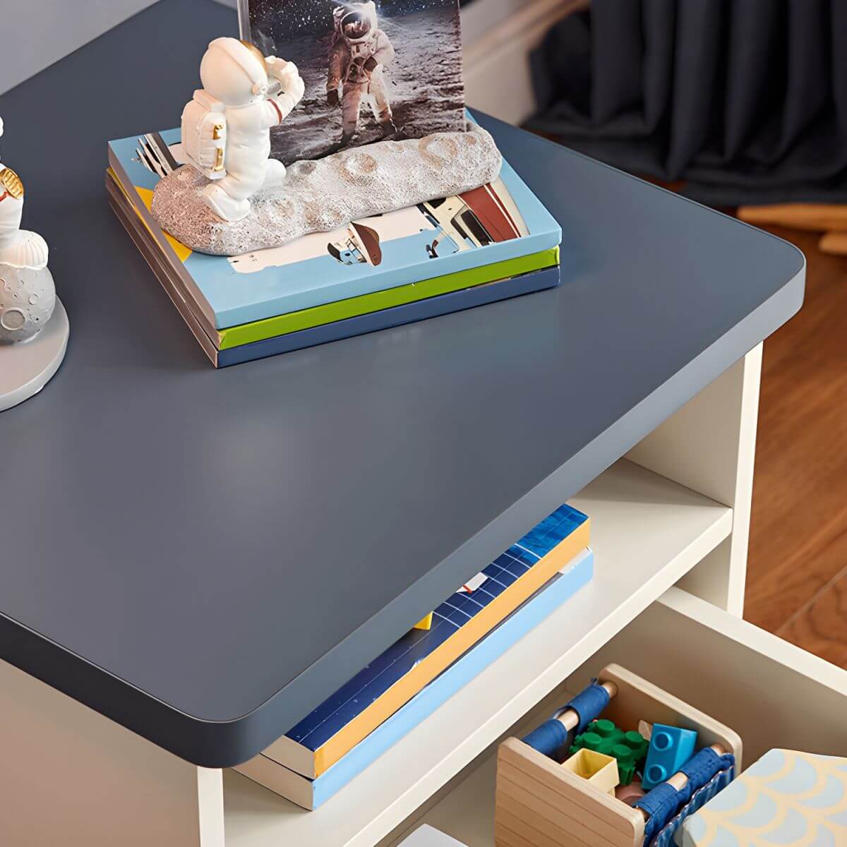 Space-Themed Kid's Nightstand with Drawer and Open Storage