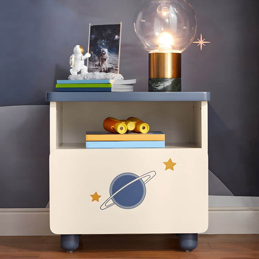 Space-Themed Kid's Nightstand with Drawer and Open Storage