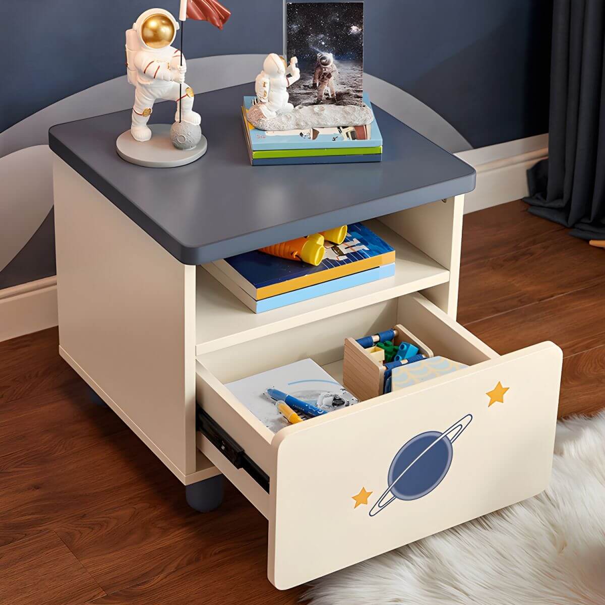 Space-Themed Kid's Nightstand with Drawer and Open Storage