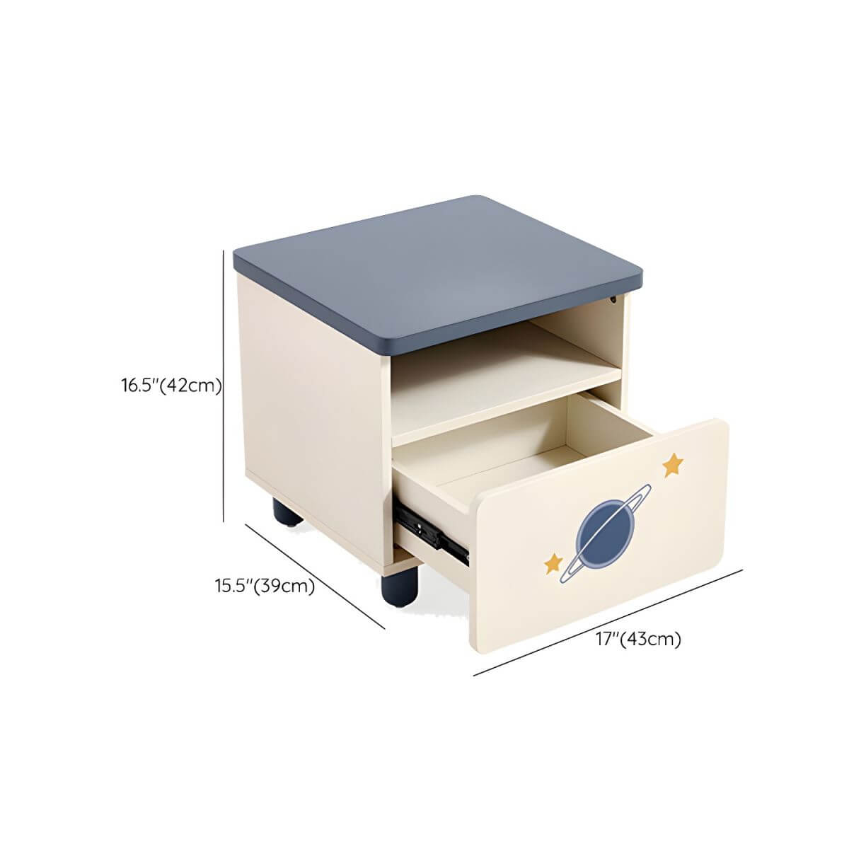 Space-Themed Kid's Nightstand with Drawer and Open Storage Dimensions