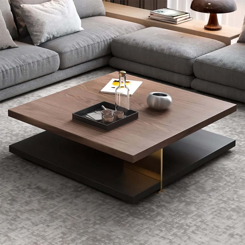 Square Walnut Coffee Table With Shelves - Modern Style