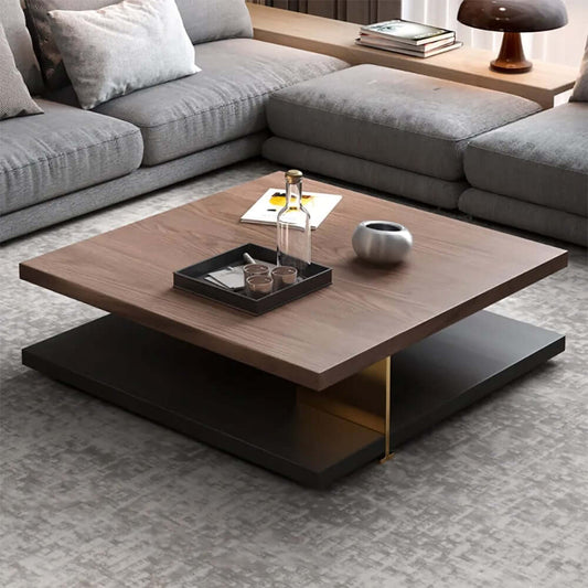 Square Walnut Coffee Table With Shelves - Modern Style