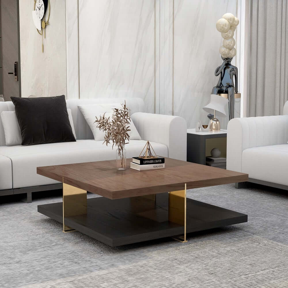 Square Walnut Coffee Table With Shelves - Modern Style