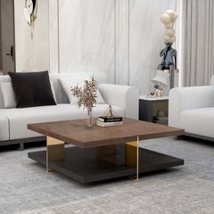 Square Walnut Coffee Table With Shelves - Modern Style