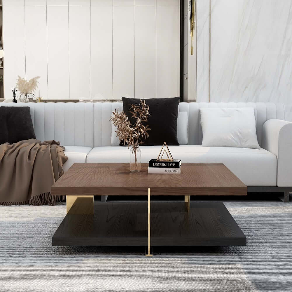Square Walnut Coffee Table With Shelves - Modern Style