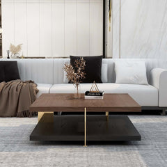Square Walnut Coffee Table With Shelves - Modern Style