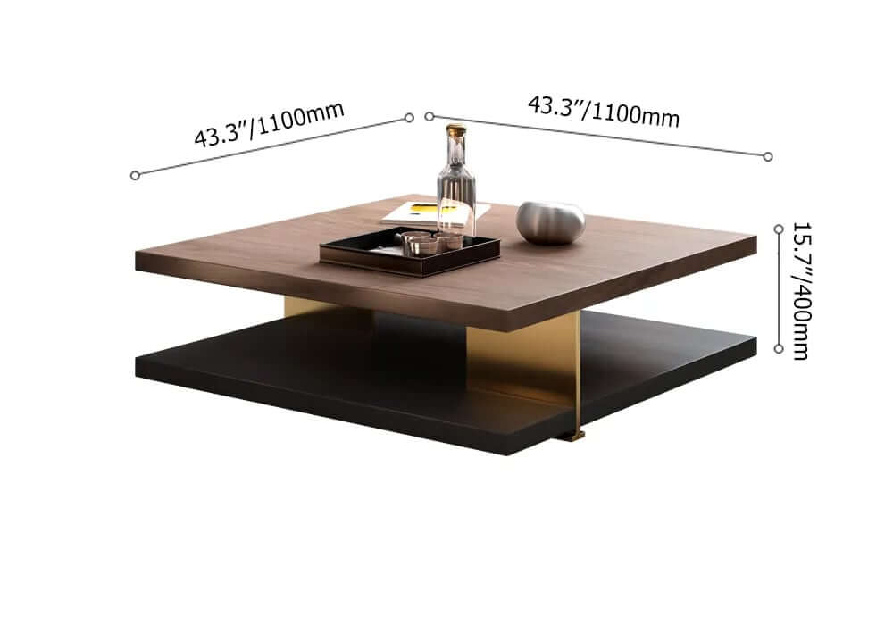 Square Walnut Coffee Table With Shelves - Modern Style Dimensions