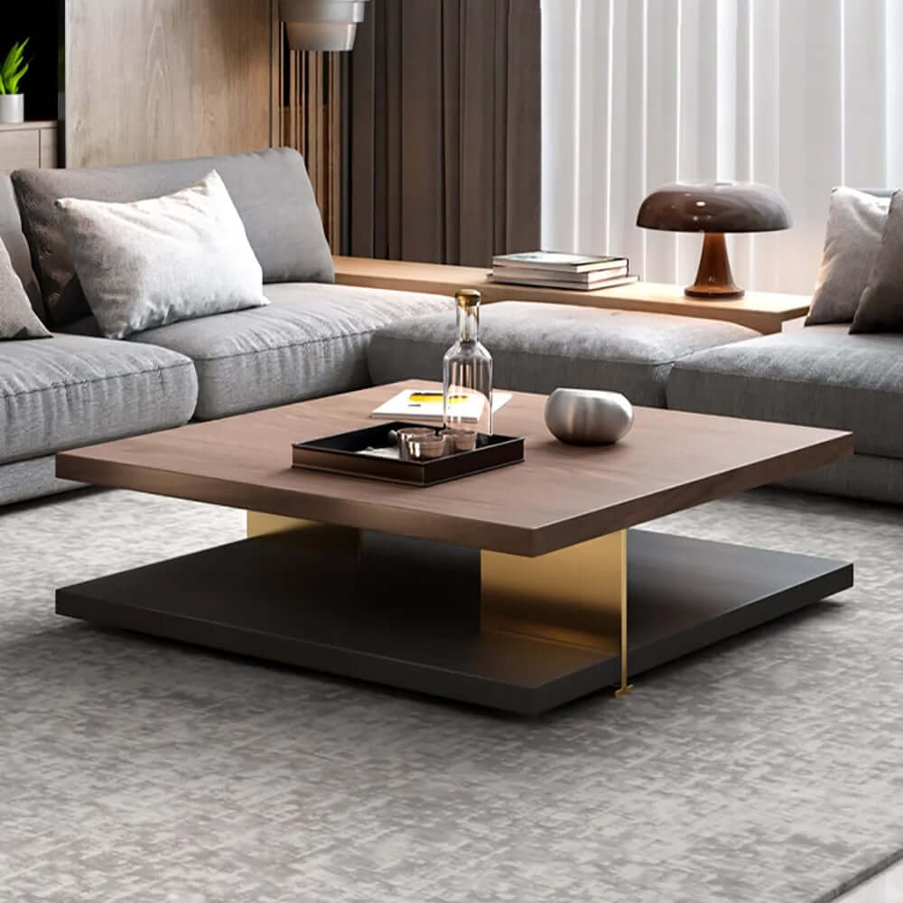 Square Walnut Coffee Table With Shelves - Modern Style Main Product Image