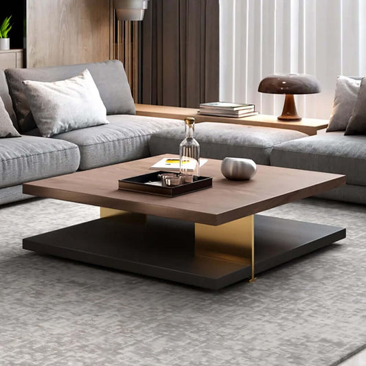 Square Walnut Coffee Table With Shelves - Modern Style Main Product Image