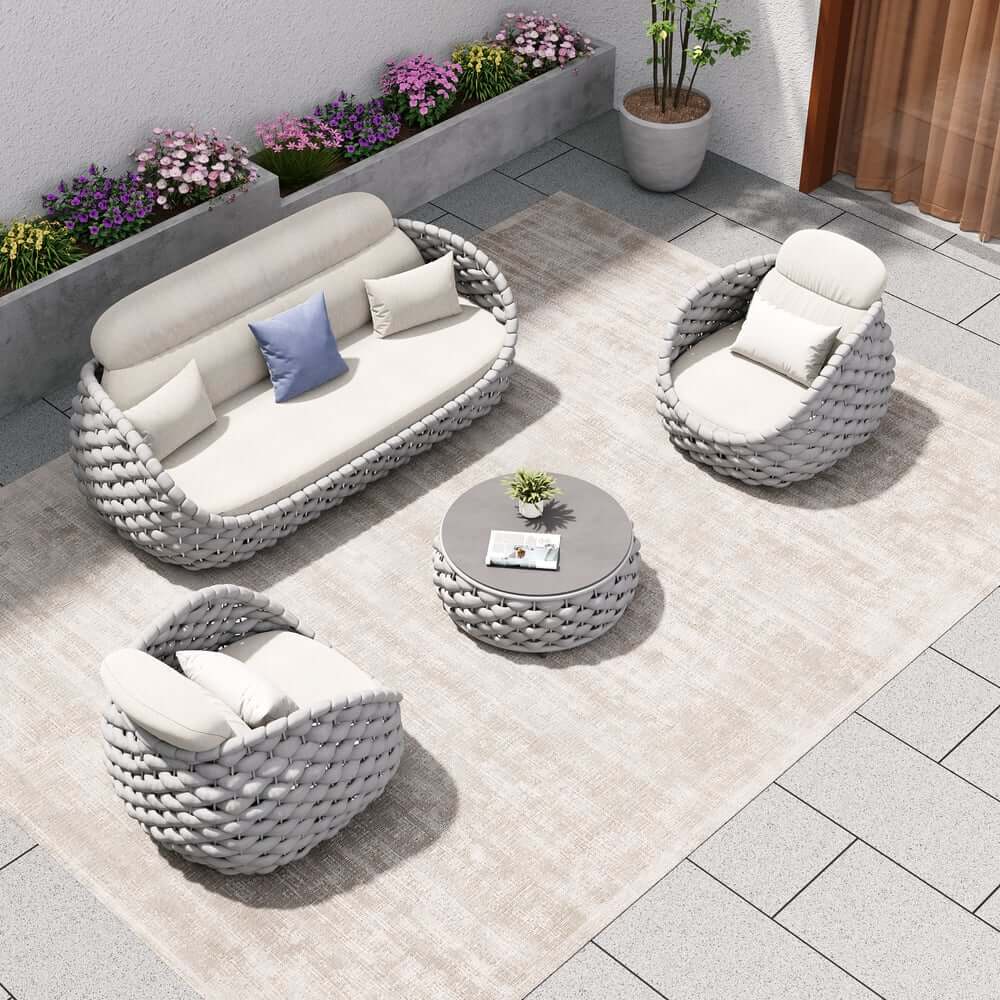 Stirling Outdoor Sofa Set with Woven Rope and Stone Top - Modern Design