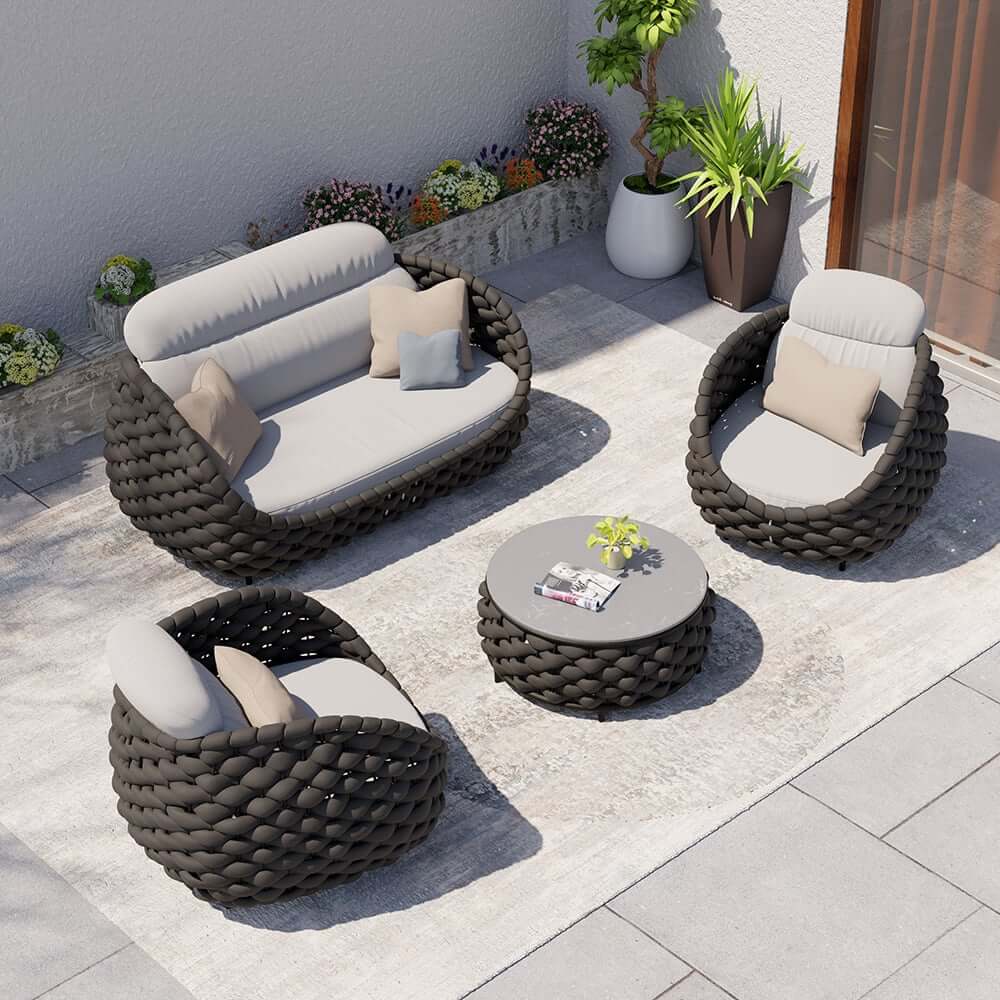 Stirling Outdoor Sofa Set with Woven Rope and Stone Top - Modern Design