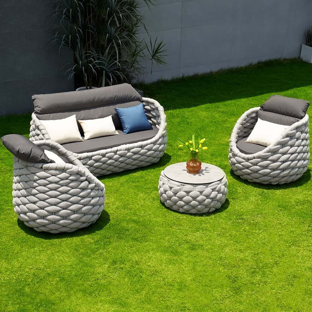 Stirling Outdoor Sofa Set with Woven Rope and Stone Top - Modern Design