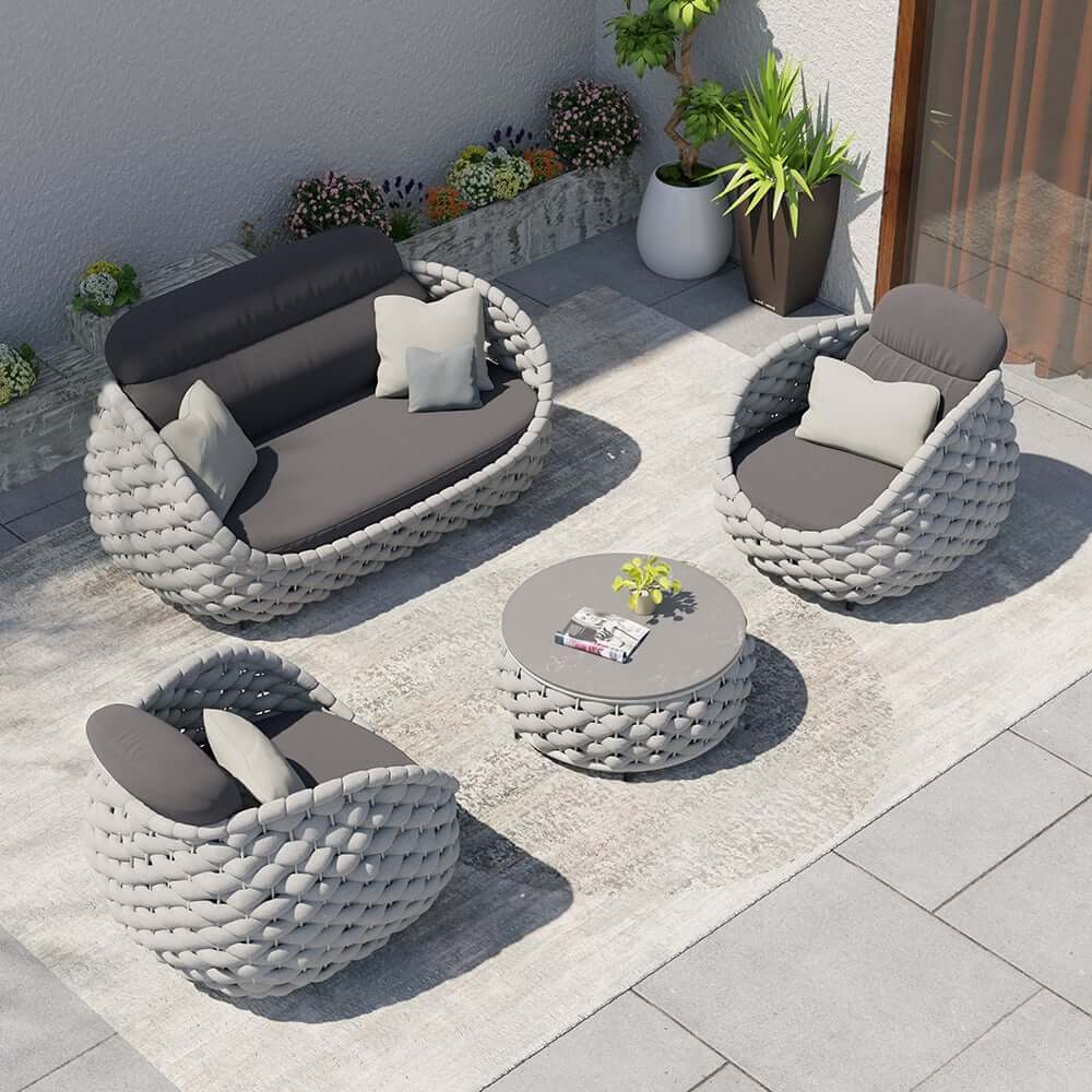 Stirling Outdoor Sofa Set with Woven Rope and Stone Top - Modern Design