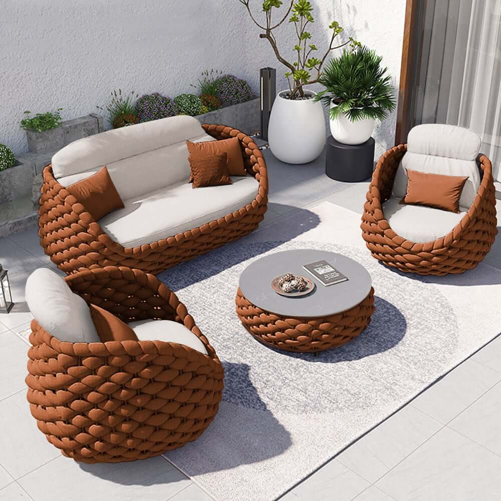Stirling Outdoor Sofa Set with Woven Rope and Stone Top - Modern Design