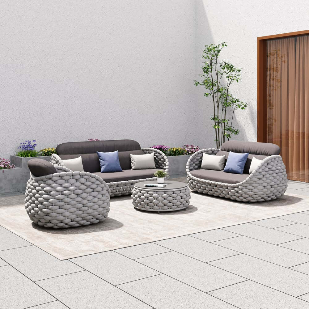 Stirling Outdoor Sofa Set with Woven Rope and Stone Top - Modern Design