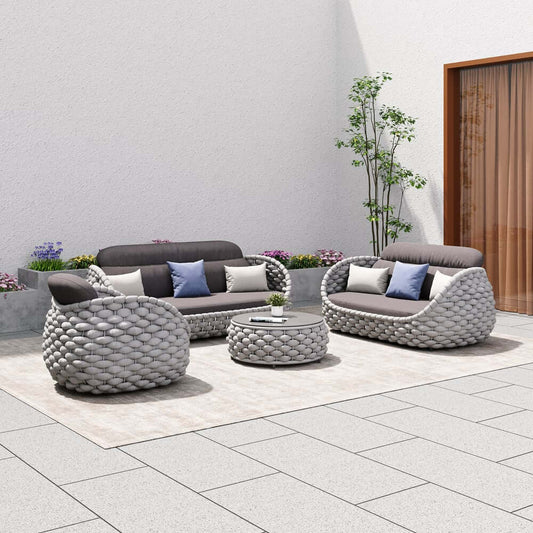 Stirling Outdoor Sofa Set with Woven Rope and Stone Top - Modern Design