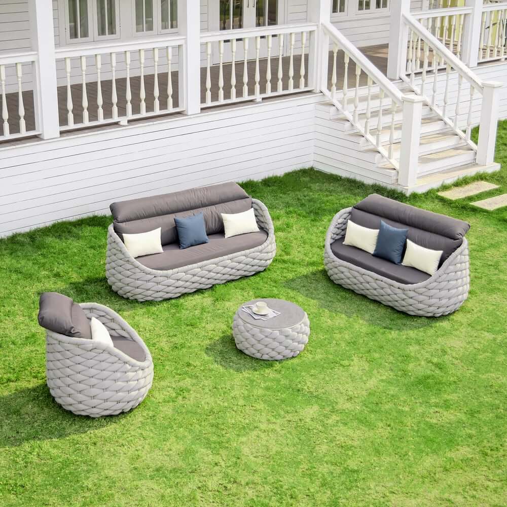 Stirling Outdoor Sofa Set with Woven Rope and Stone Top - Modern Design