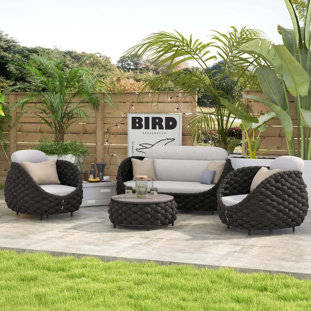 Stirling Outdoor Sofa Set with Woven Rope and Stone Top - Modern Design
