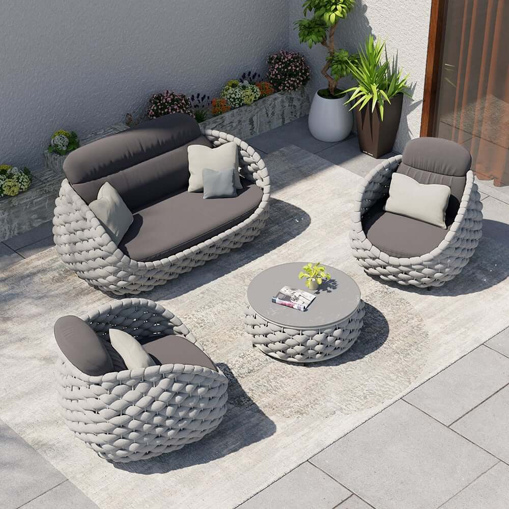 Stirling Outdoor Sofa Set with Woven Rope and Stone Top - Modern Design