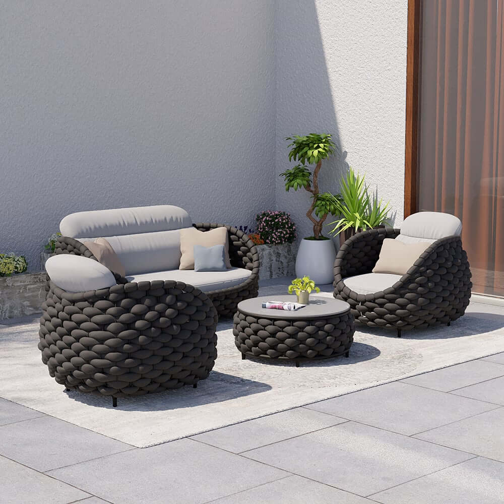 Stirling Outdoor Sofa Set with Woven Rope and Stone Top - Modern Design