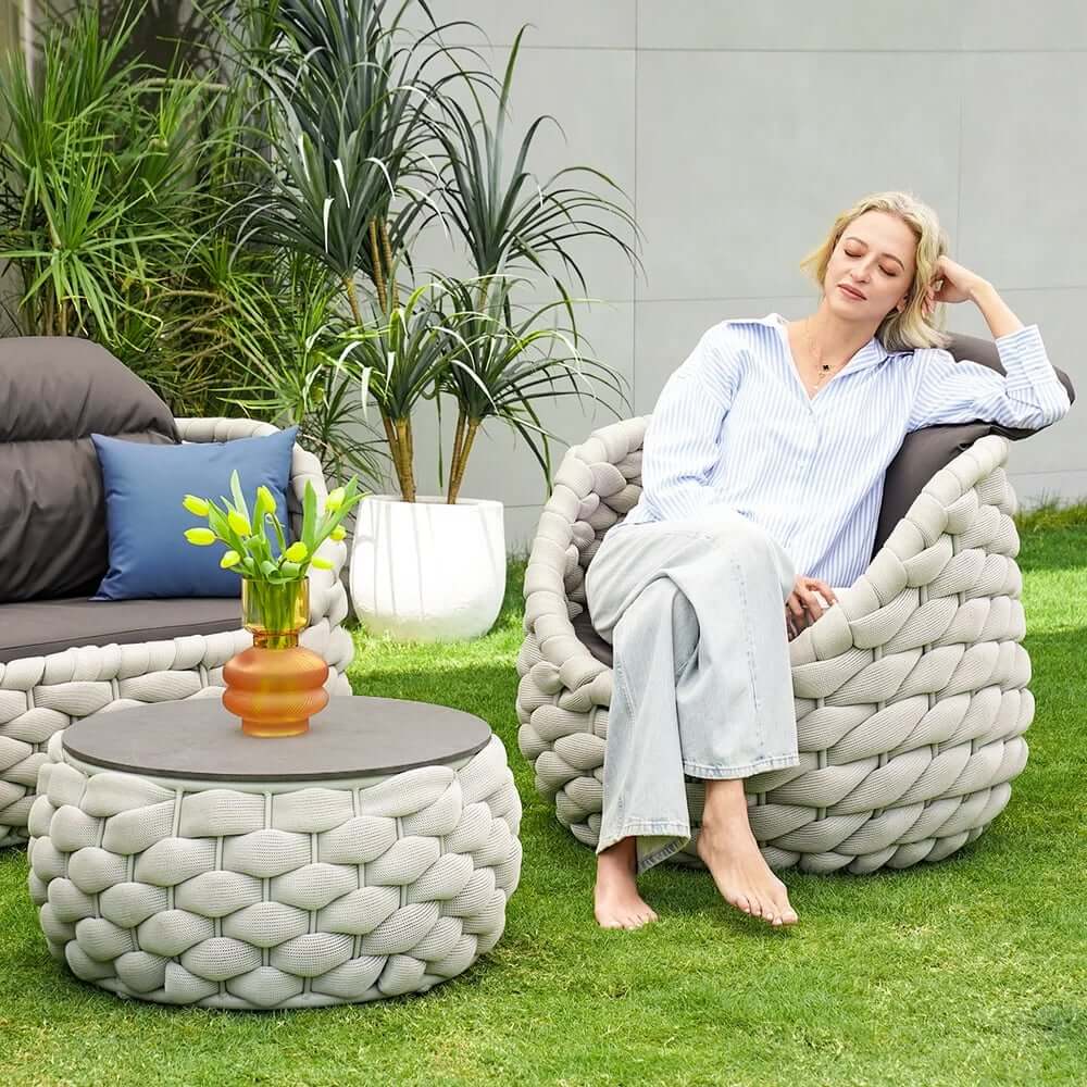 Stirling Outdoor Sofa Set with Woven Rope and Stone Top - Modern Design