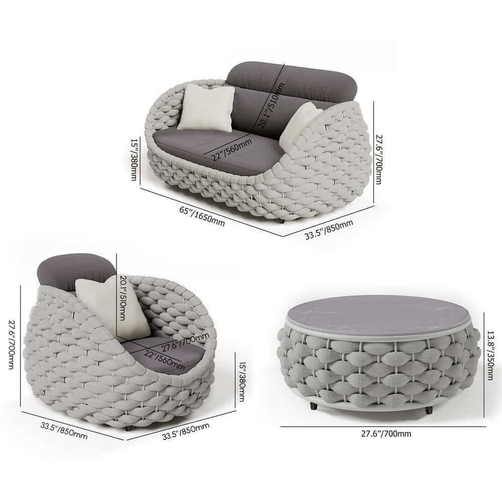 Stirling Outdoor Sofa Set with Woven Rope and Stone Top - Modern Design Dimensions