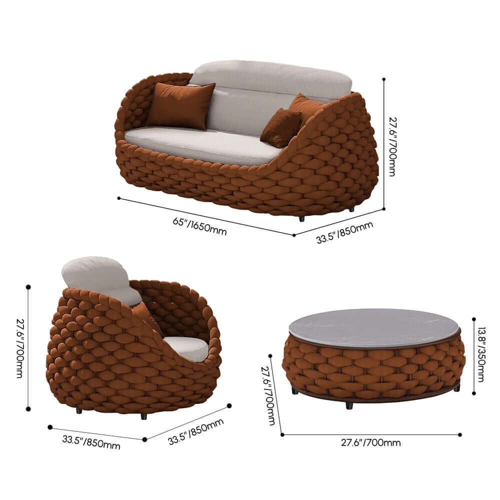 Stirling Outdoor Sofa Set with Woven Rope and Stone Top - Modern Design Dimensions