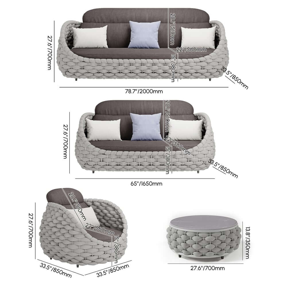 Stirling Outdoor Sofa Set with Woven Rope and Stone Top - Modern Design Dimensions