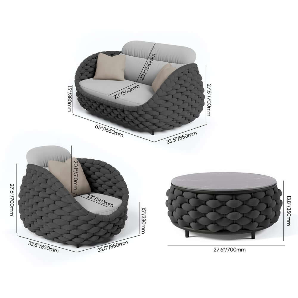 Stirling Outdoor Sofa Set with Woven Rope and Stone Top - Modern Design Dimensions