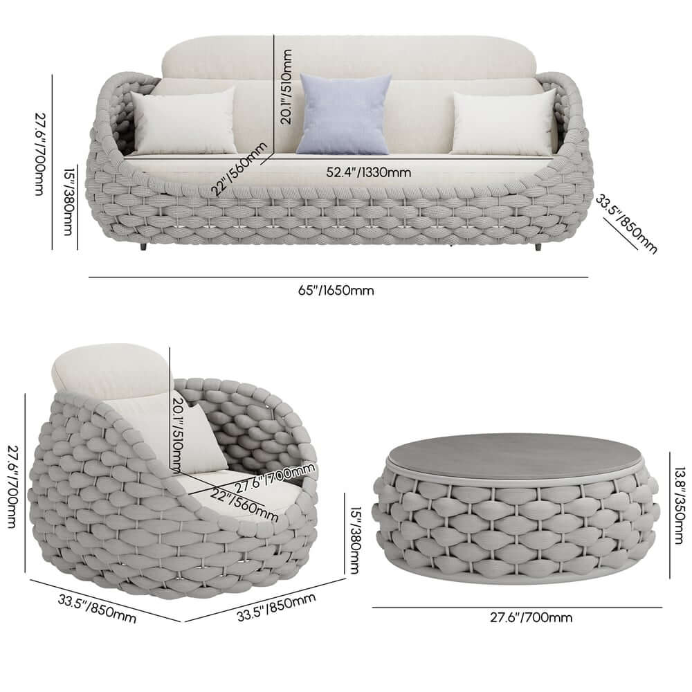 Stirling Outdoor Sofa Set with Woven Rope and Stone Top - Modern Design Dimensions