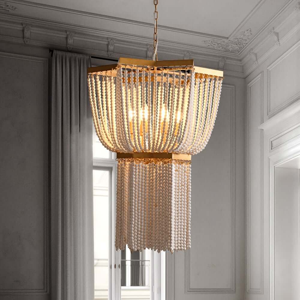 Stunning Gold Double Star Beaded Chandelier - Boho 6-Light Design