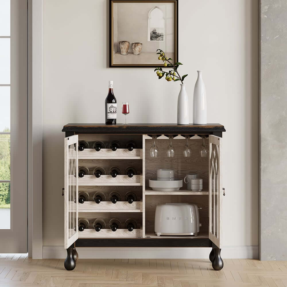 Traditional Black MDF Bar Cabinet With Glass Doors